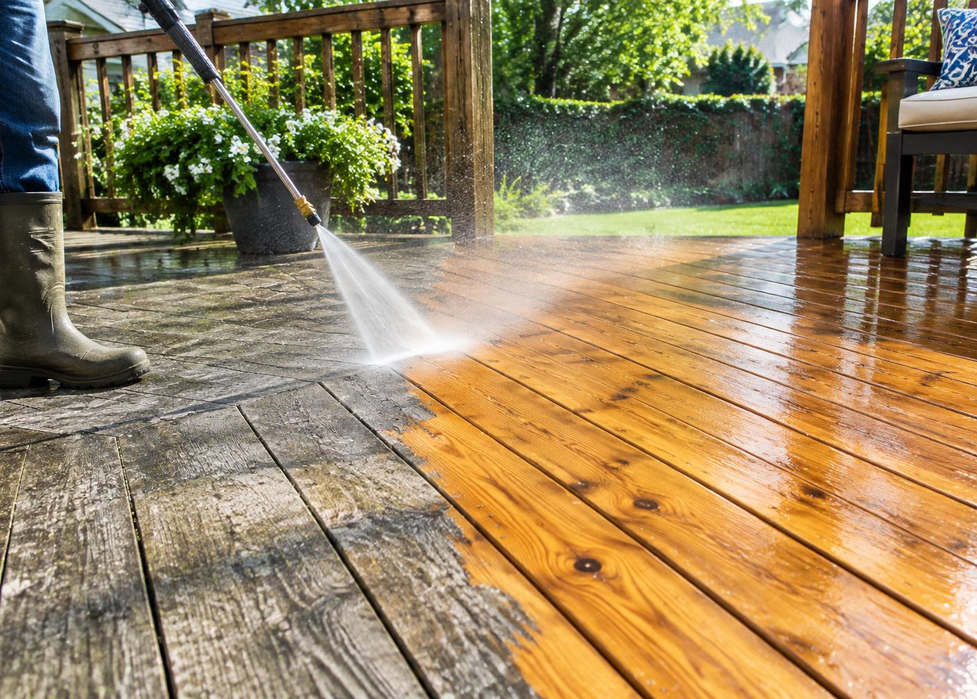 Deck boards being pressure washed.